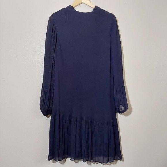 NWT! DKNY Long-Sleeve Tie-Neck Pleated Shift Dress Blue Georgette - 14W - Picture 6 of 13